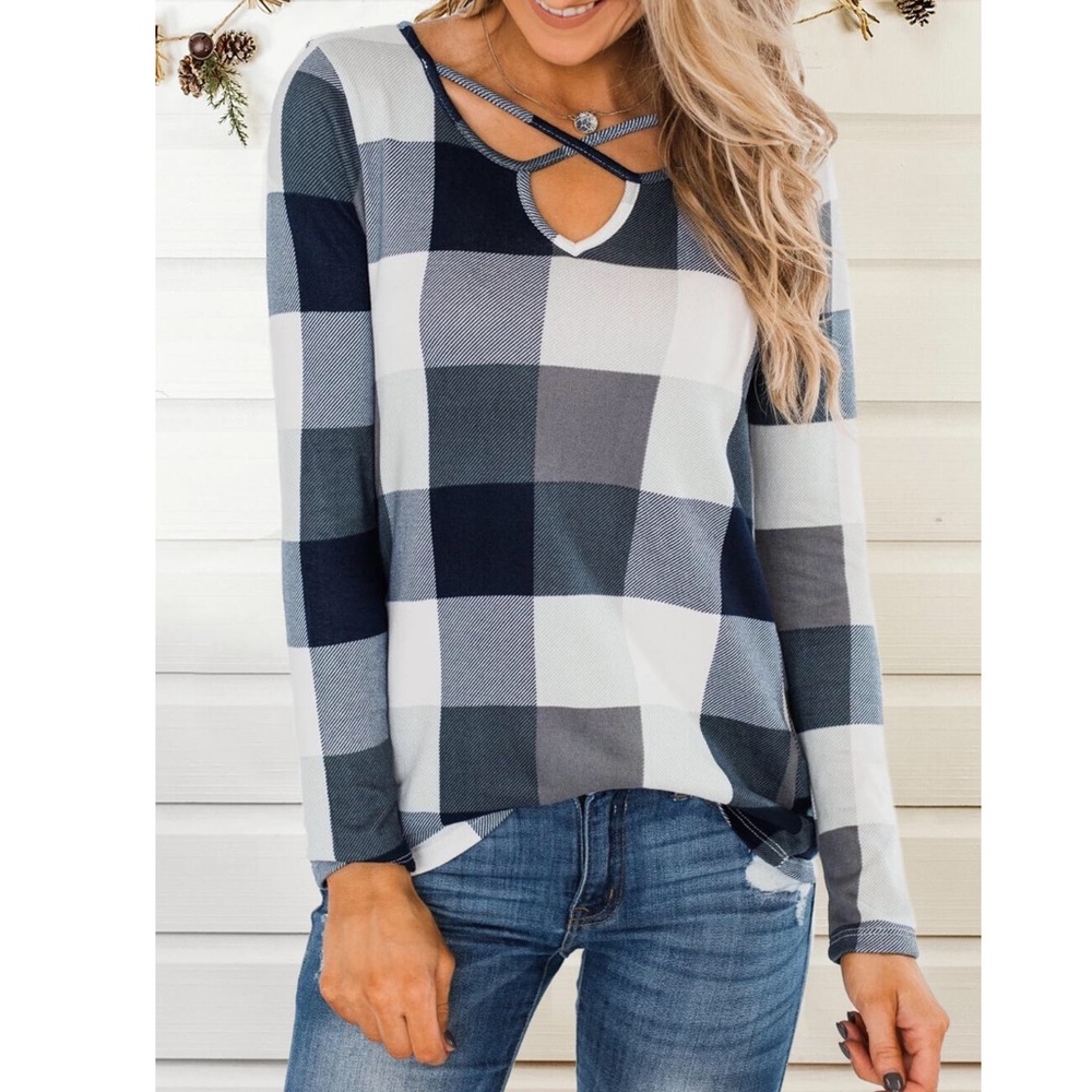 Plaid Cross Over Neckline Tunic